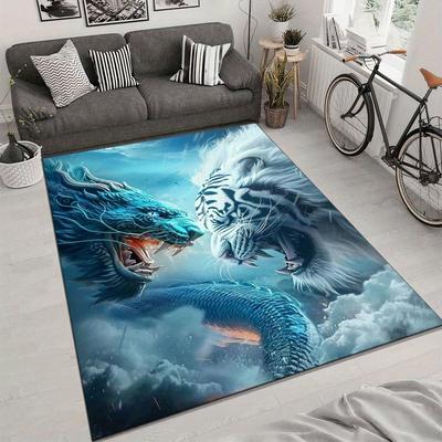 Dragon and Tiger Battle Design Area Rug, Anti-Slip Polyester Mat, Crystal Velvet, Heavy-Duty Anti-Dirty Carpet for Livin