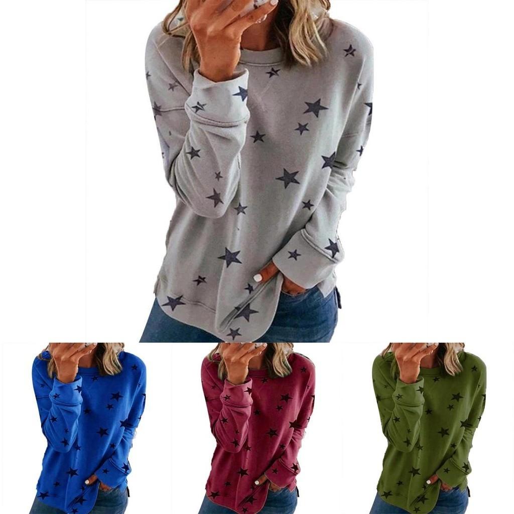 Women Casual Tunic Crew Neck Long Sleeve Star Print Tee Top Blouse For Daily Comfort And Style