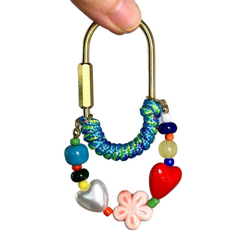 Kawaii Bead Chain Heart Keychain Colorful Fashion Bag Charm Anti-lost Car Key Holder Accessory for Women Present