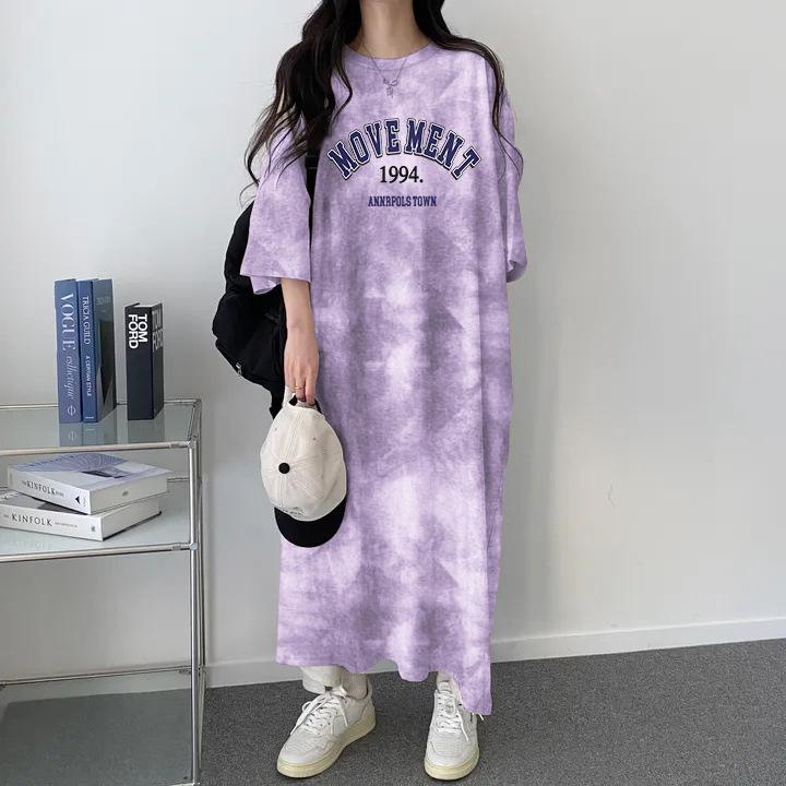 

Korean Tie-Dye Round Neck Short Sleeve Midi T-Shirt Dress - Spring/Summer 2024 Women s Fashion L серый
