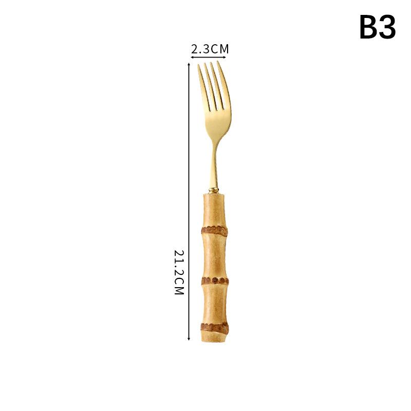 Long Handle Serving Spoon Fork Stainless Steel Gold Silver Bamboo Wooden Salad Spork Dessert Salad Spoon Tableware Set Kitchen