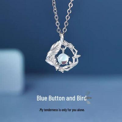 Naszyjnik z kamieniem księżycowym Blue Gum & Bird - Luksusowy łańcuszek na obojczyk z diamentami dla kobiet, Idealny prezent urodzinowy