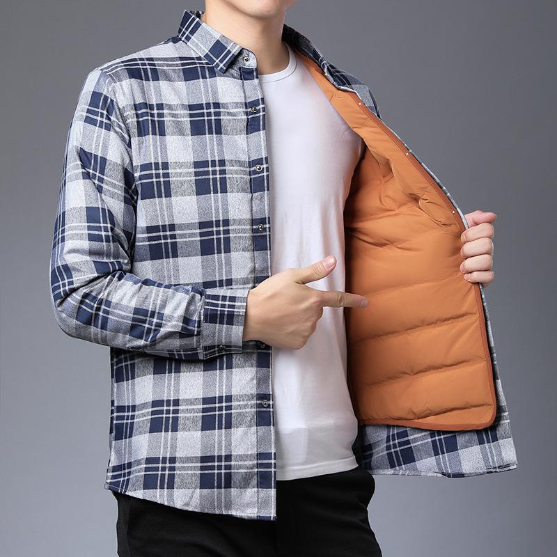 Down Shirt Men's Removable Liner Inch Shirt Men's Winter Middle-aged Men's Casual Thickened Plaid Warm Shirt Trendy
