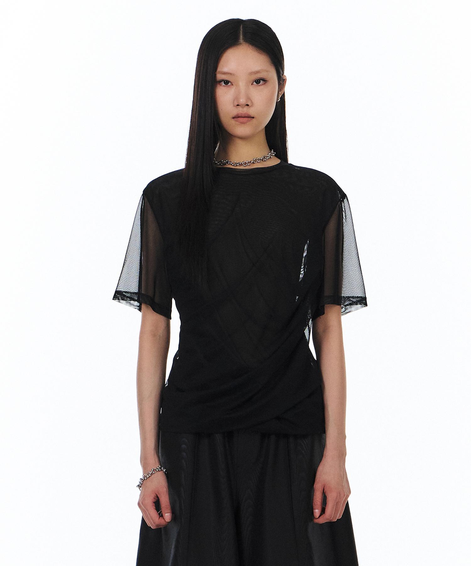 Yunse Mesh Oblique Shirring Top (Black) Os/Free