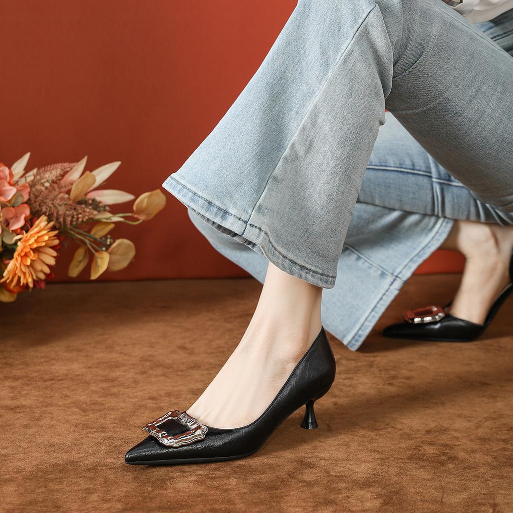 High-end Side Empty High Heels, Red Thin Heel 5cm Soft Sole, Not Tired Feet, Pointed Women's Fashion Square Buckle Single Shoes Women