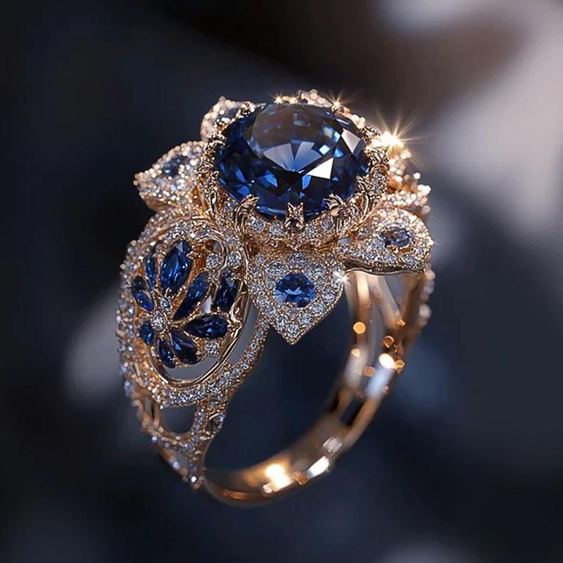 

Huitan Gorgeous Blue Flower Rings for Women Rose Gold Color Brilliant Cubic Zirconia Wedding Party Aesthetic Female Zircon Gift 6