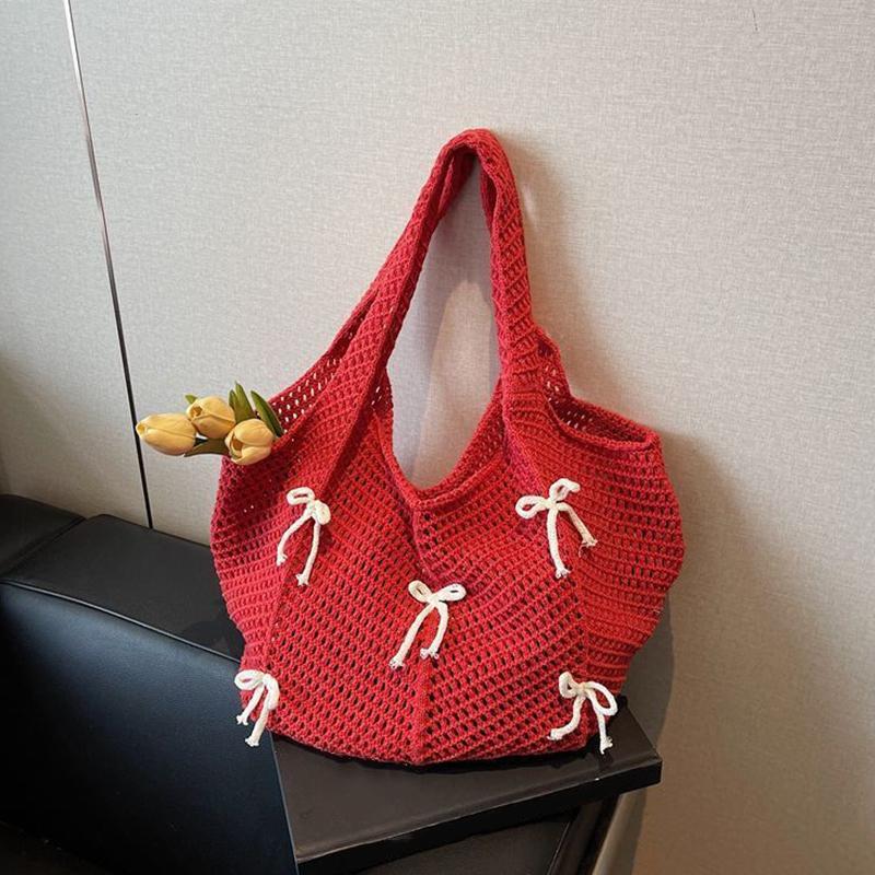 New Khaki Bow Vintage Knit Bag High Quality Woven Bag Large Capacity Daily Wear Shoulder Bag Ladies Hand Bags