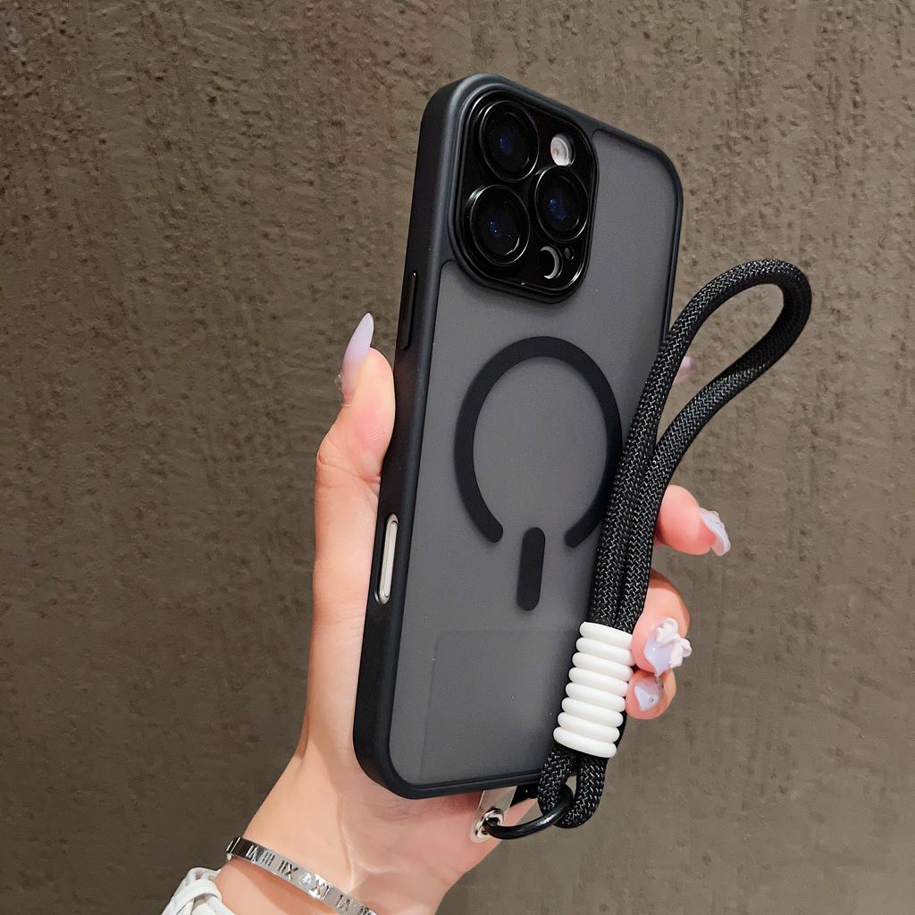 Przezroczyste Matowe Etui z Paskiem na Nadgarstek Magsafe dla iPhone 17 16 15 14 Plus 13 12 11 Pro Max Kontrastowy Sznurek Magnetyczna Osłona