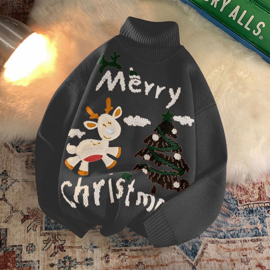 Damen-Winter-Pullover mit Stehkragen, Weihnachts-Hirsch-Druck-Pullover-Oberteil