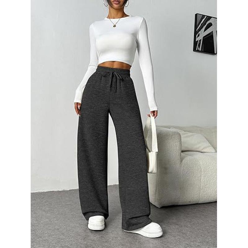 

Women s High-Waisted Wide-Leg Drawstring Trousers with Pockets - Casual Lightweight Pants S темно-серого