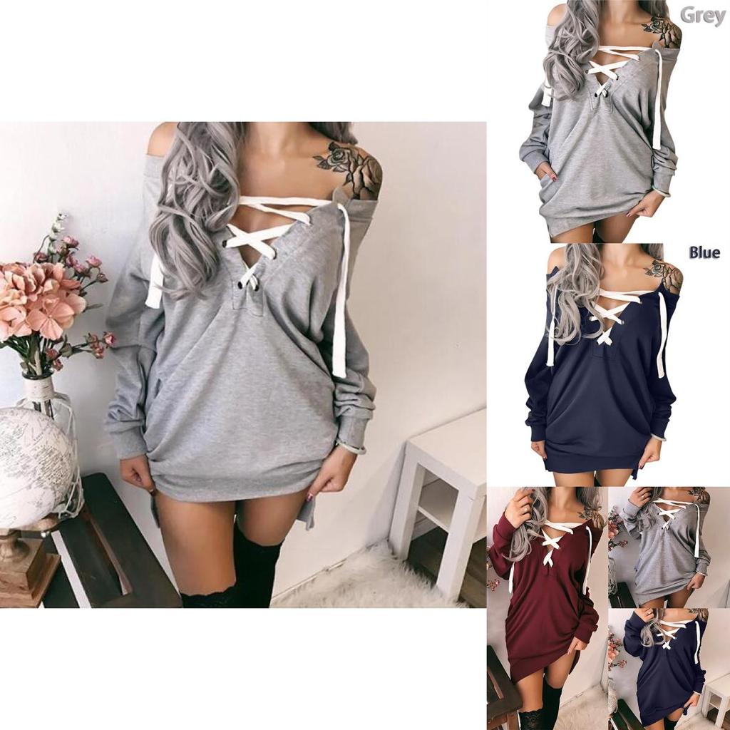 Women Sexy Lace Up Bandage Deep Off Shoulder Hoodies With Long Loose Pullover Sleeves