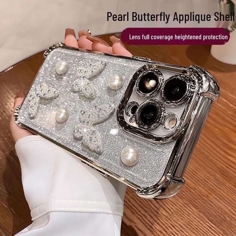 Butterfly Pearl Bracelet Phone Case for Apple 16 Pro Max: Electroplated Drop Protection, High-End Feel, Glitter Design.