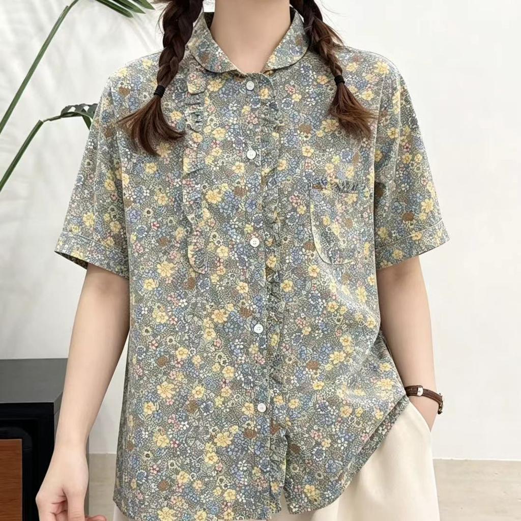 1116 Sommer Neu Damen Revers Japanisches Baumwollhemd Lockeres Hemd Oberteil Bedruckt Retro Literarischer und Künstlerischer Stil