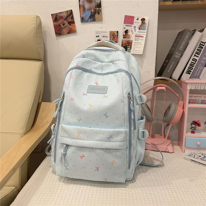 Rucsac din Nylon cu Imprimeu Fundițe Drăguțe pentru Fete Geantă Școlară cu Capacitate Mare Rucsac Student cu Buzunare Multiple
