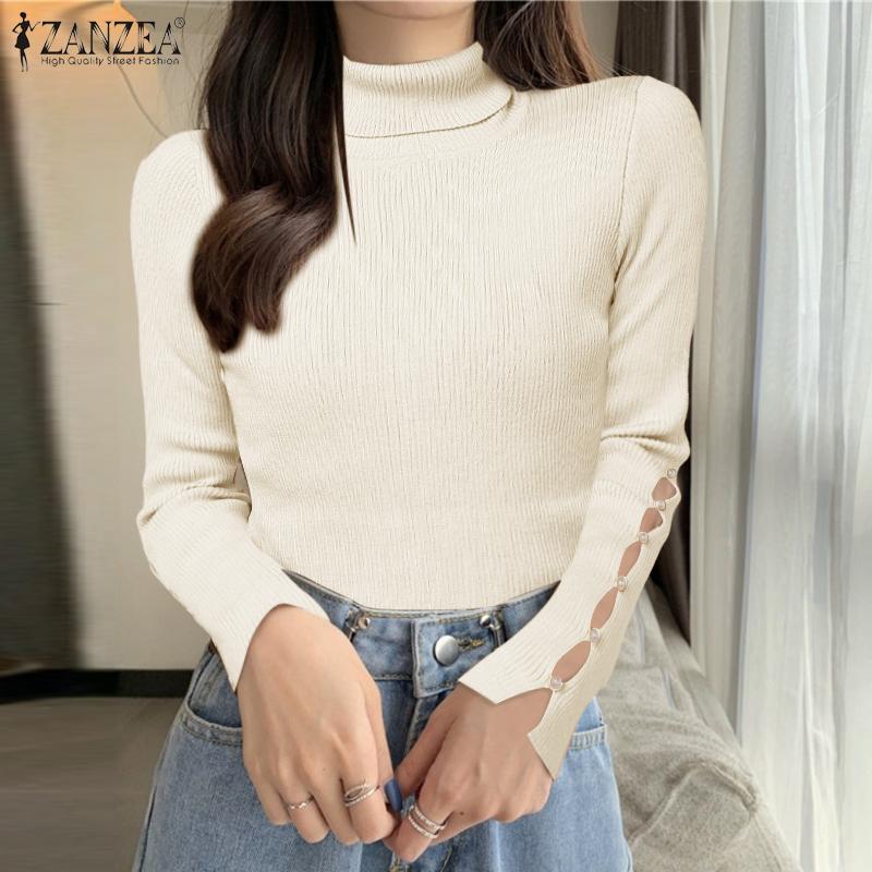 ZANZEA Autumn Winter Women Turtleneck Sweater Long Sleeve Pearl Knitted Jumpers Undershirts