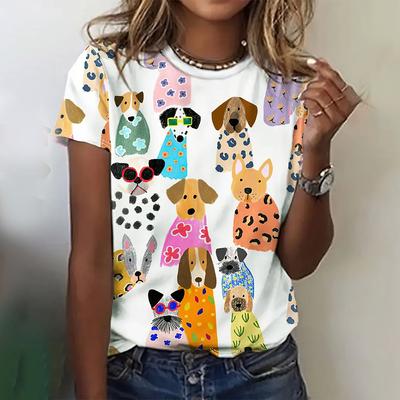 Sommer Rundhals 3D Bunter Hunde-Print Top Modische Lässige Kurzarm Damen T-Shirts