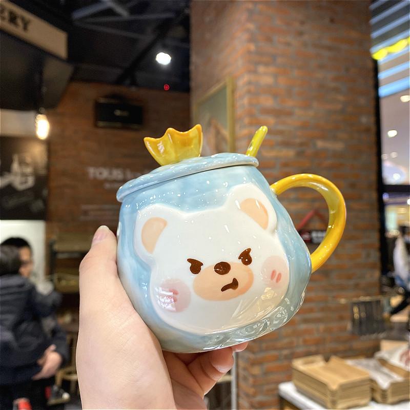 

Korean Cute Cartoon Breakfast Creative Water Cup Teenage Student Ceramic Cup with Lid Spoon Straw Mug 380ml