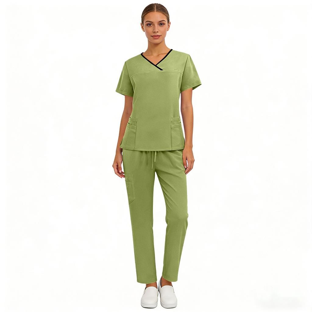 Women's Quick Drying Fabric Color V-neck Pocket Short Sleeved Pants Set Workwear