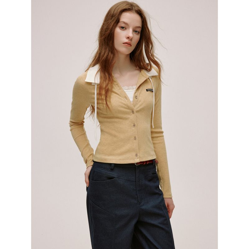 Redolence Detachable Strap Collar Knitting Cardigan Yellow Long Sleeves Spring New Arrival Elegant Tops Female