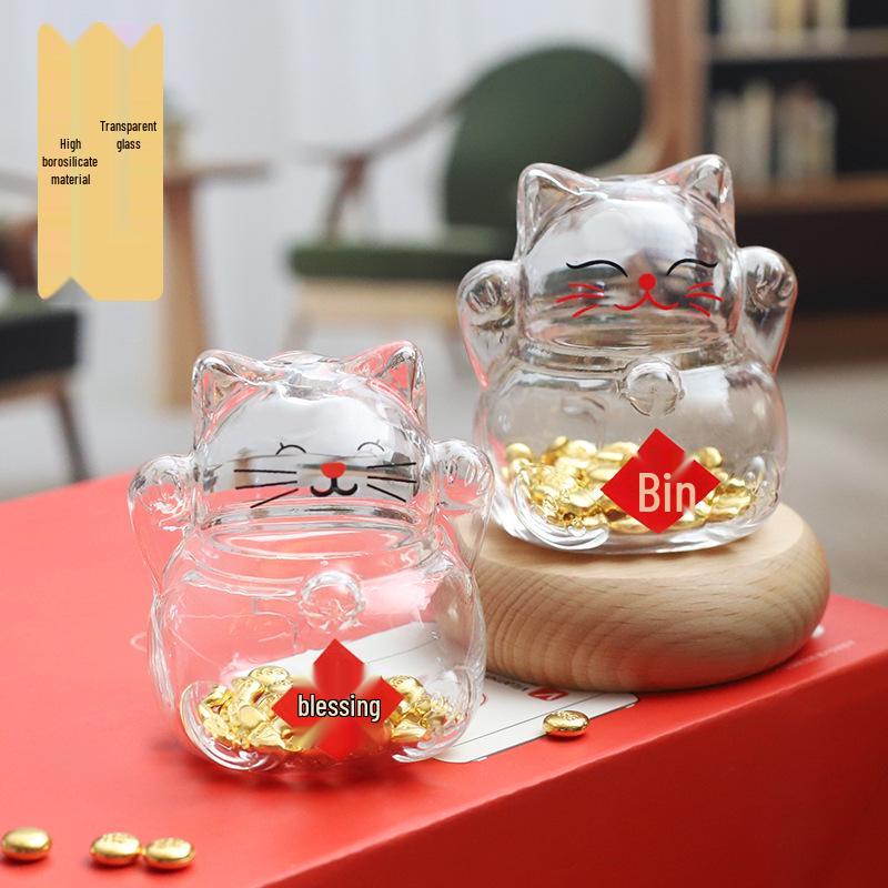 Three-Dimensional High Borosilicate Glass Fortune Cat Coin Bank and Gift Jar.