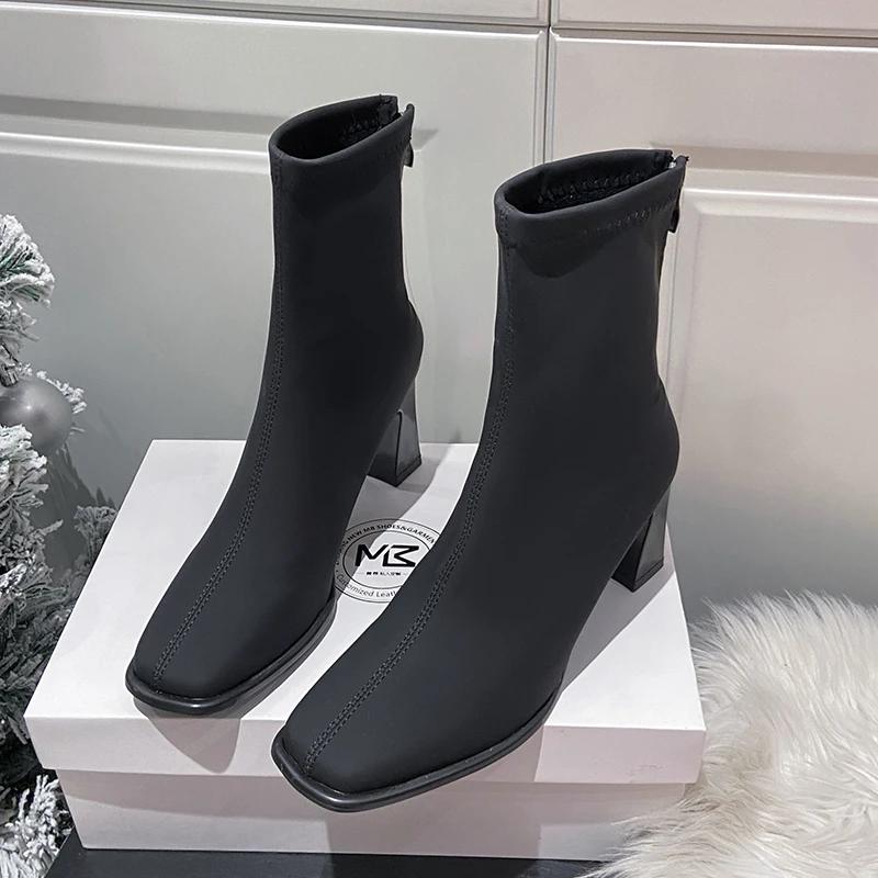 

Mid-Calf Square Heel Modern Boots for Women 2024 Hot Sale Winter Solid Ladies Shoes Square Toe Zipper Boots Botas Mujer
