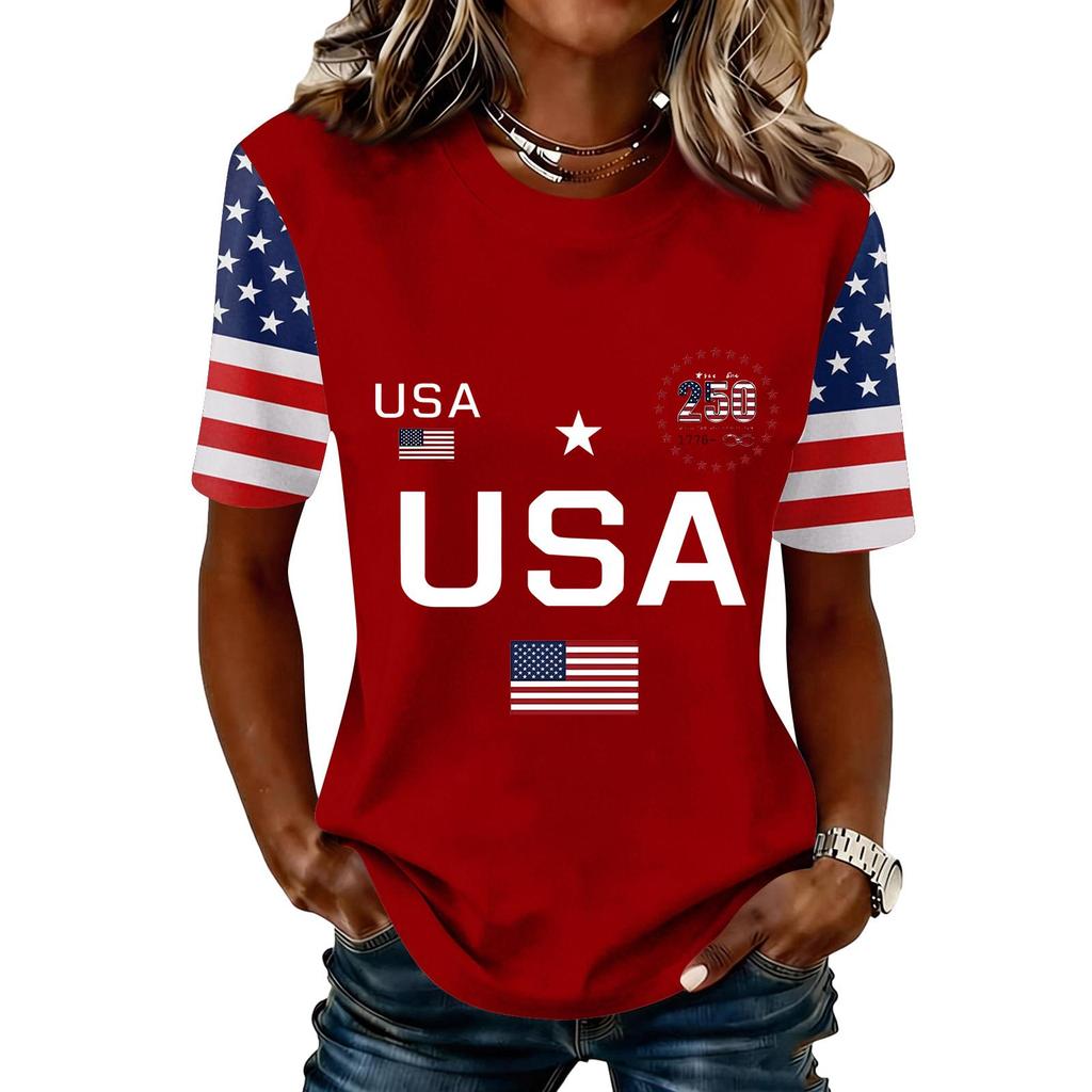 Blusa Feminina da Moda Casual de Manga Curta com Estampa e Gola Redonda