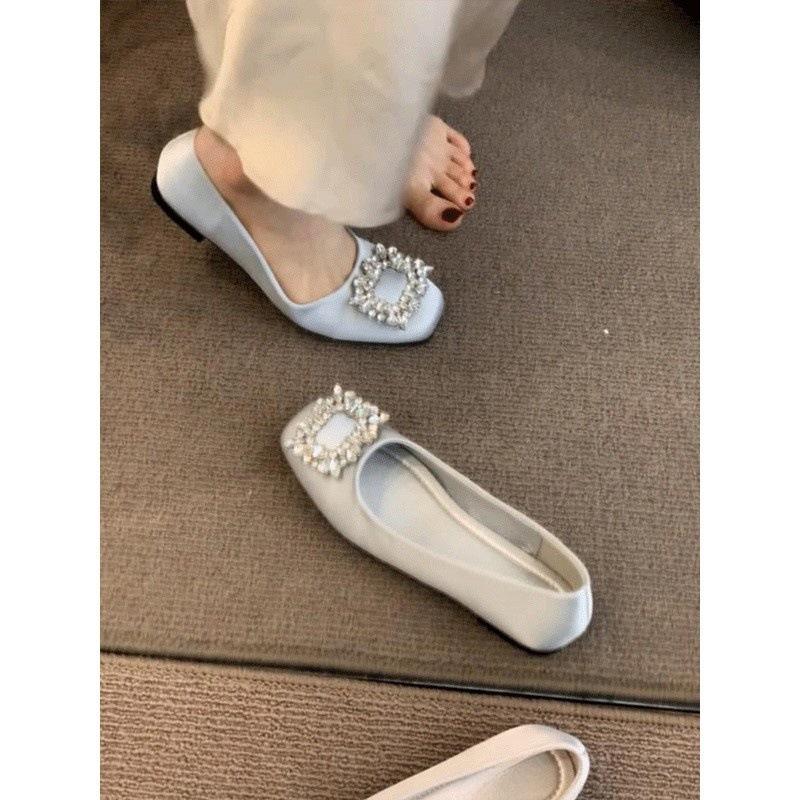 Satin Rhinestone Square Buckle Mary Jane Spring and Autumn Square Head Grandma Shoes Single Shoes Women's Flat Beanie Shoes Ladyshoes