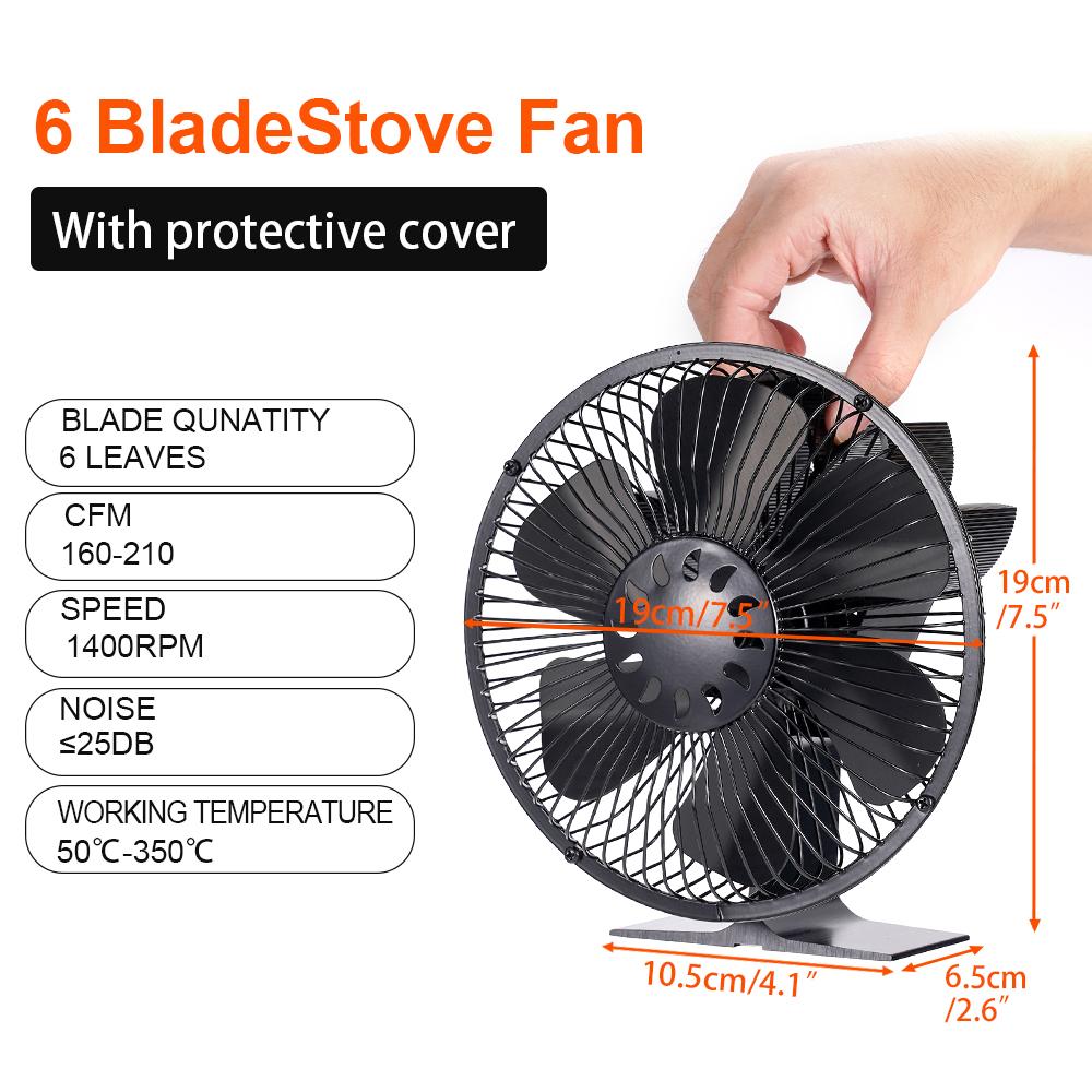 6 Blades Heat Powered Stove Fan With Cover Log Wood Burner Eco Quiet Large Air Volume Fireplace Fan Efficient Heat Distribution