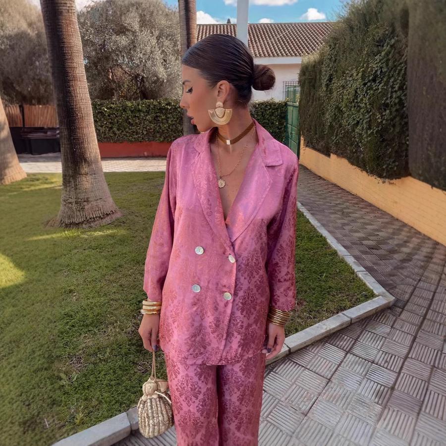Spring V-Neck Long Sleeve High Waist Loose Wide Leg Pants Two Piece Set Fashion Suit Jacket