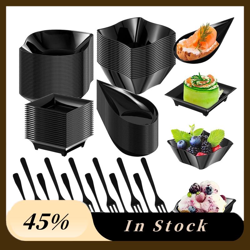 A60zmini Dessert Plates 200 Pcs Disposable Plastic Appetizer Plates With Spoon Fork Set Mini Appetizer Bowls Blackmay чёрный
