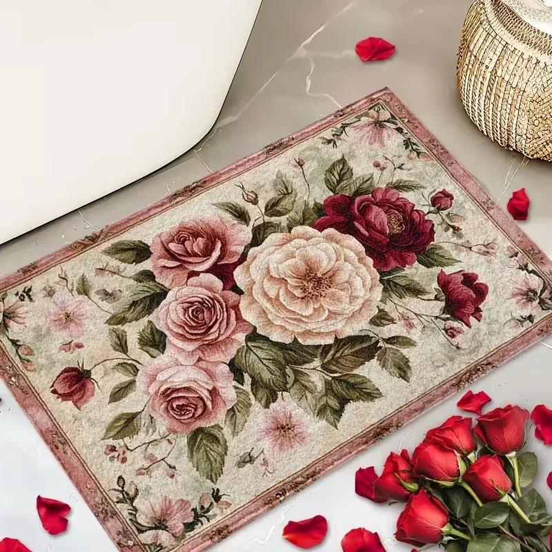 Vintage Roze Rand Aquarel Wilde Bloemen Print Antislip Wasbaar Deurmat Waterabsorberende Vloermat Voor Entree 30x50cm