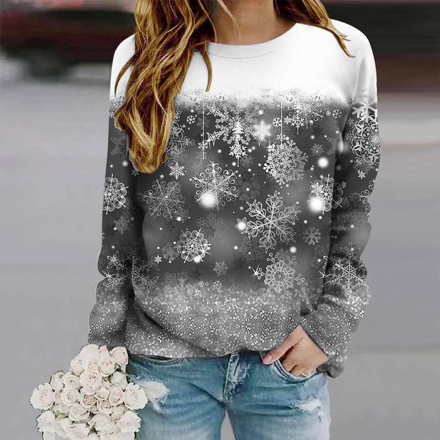 Tops For Women Beautiful Snowflakes Print Round Neck Long Sleeve T-shirt Fall Casual Slim Pullover Women's Long Sleeve Top