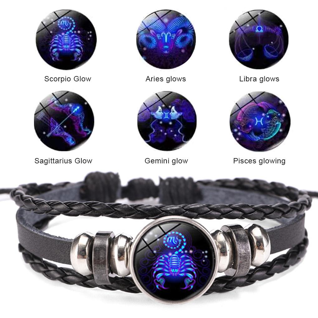 Bracelet 12 Zodiac Signs Bangle Black Punk Luminous Handmade Adjustable Fashion Charm Multi-layer Wristband Birthday Gifts