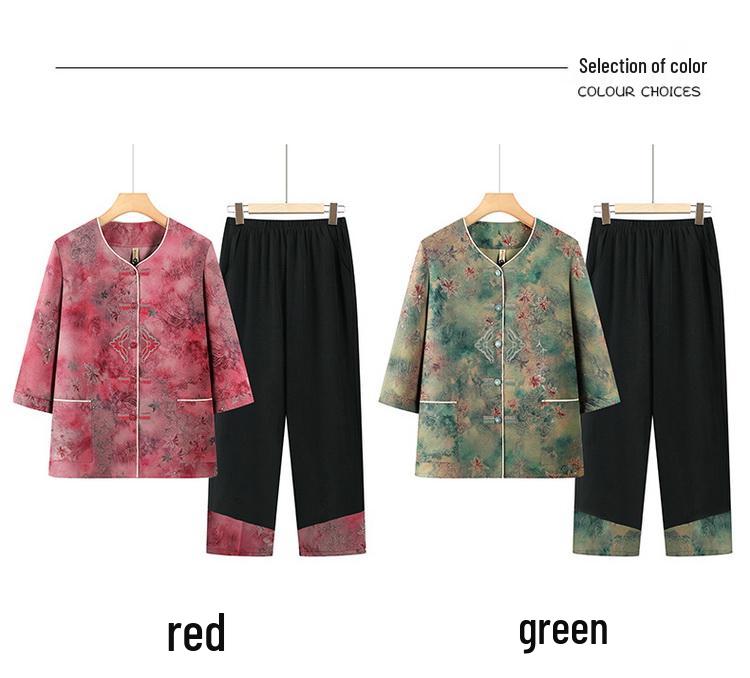 Elegant Spring/Summer Printed Two-Piece Set: Seven-Sleeve Shirt & Pants for Elderly Women