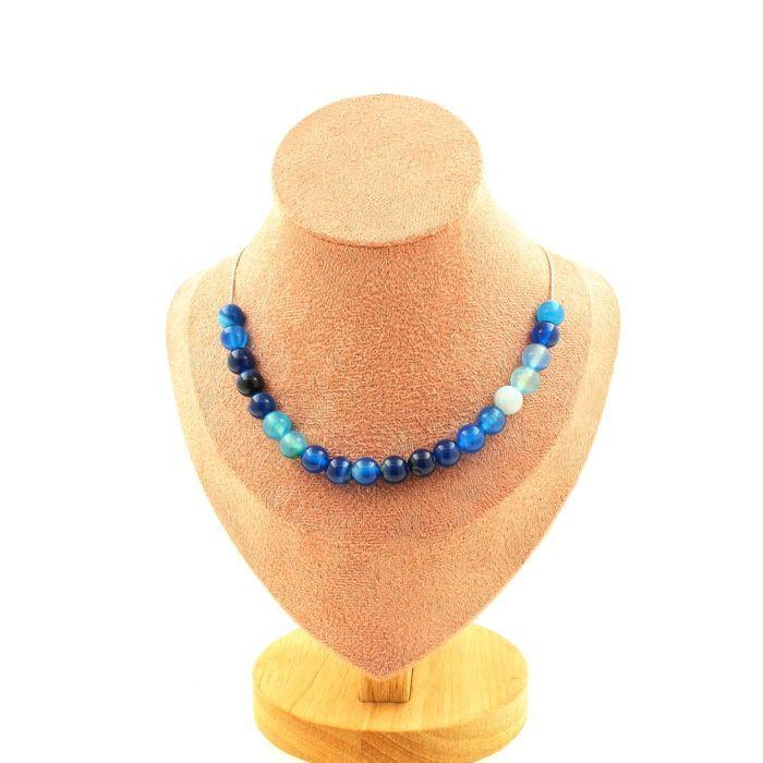 Stones and Minerals. Necklace 20 Beads Blue Banded Agate 8 Mm Stainless Steel Chain.