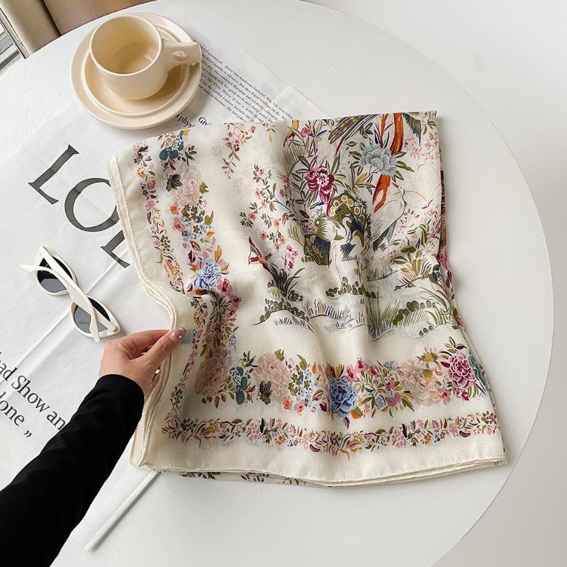New cotton and linen scarf women's autumn high-end flower and bird printing silk scarf soft and thin shawl headscarf