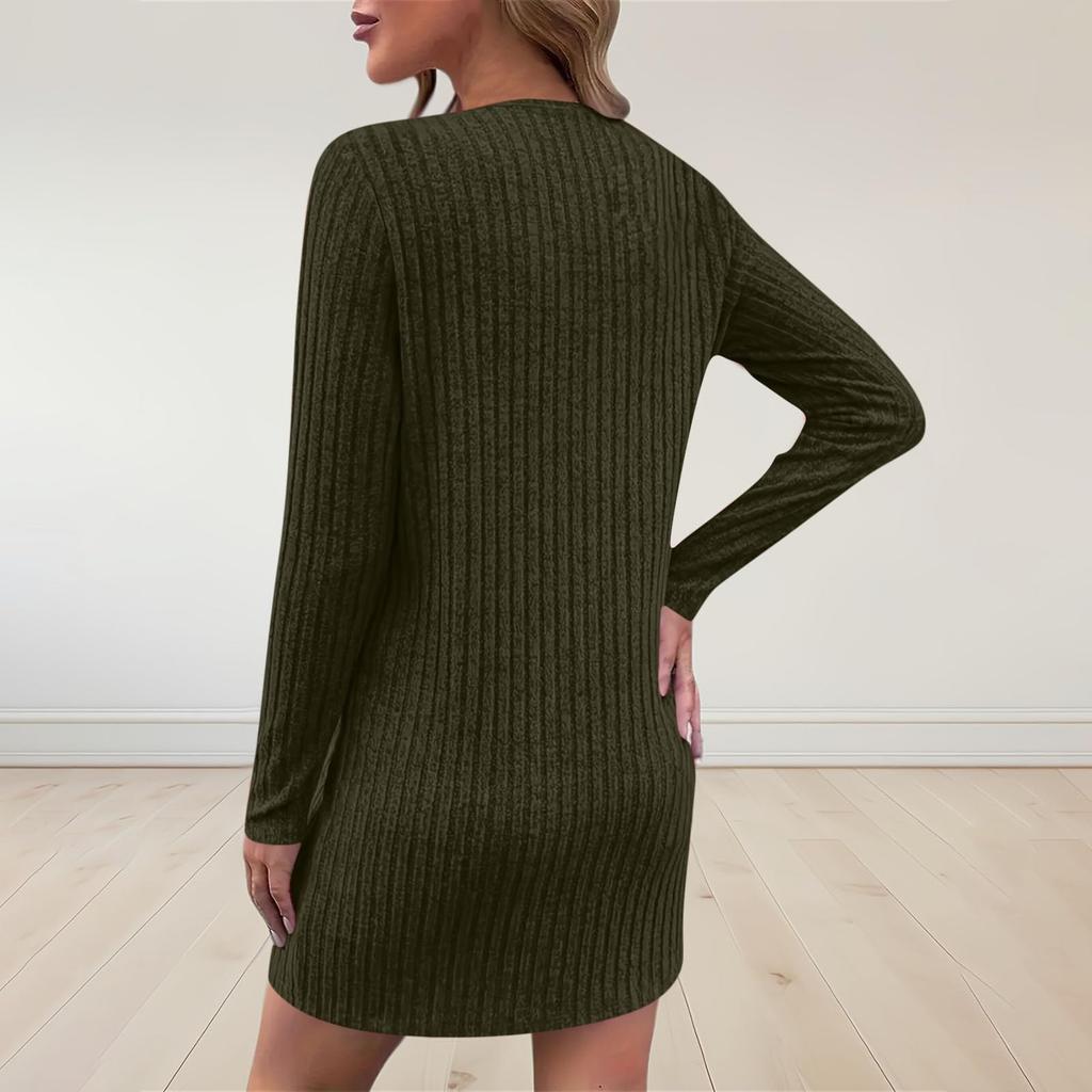 Women's Color Knitted V-Neck Long Sleeve Zipper Dress for Casual Wear