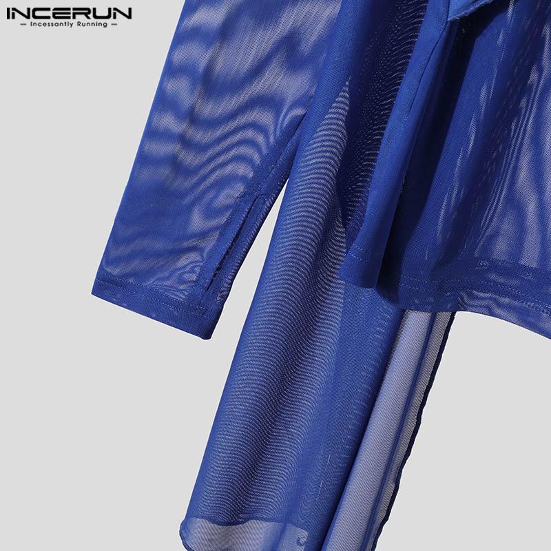 INCERUN Men Ruffled High Neck Patchwork Front Cross Fitted Tops Mesh Sheer Irregular T-shirts