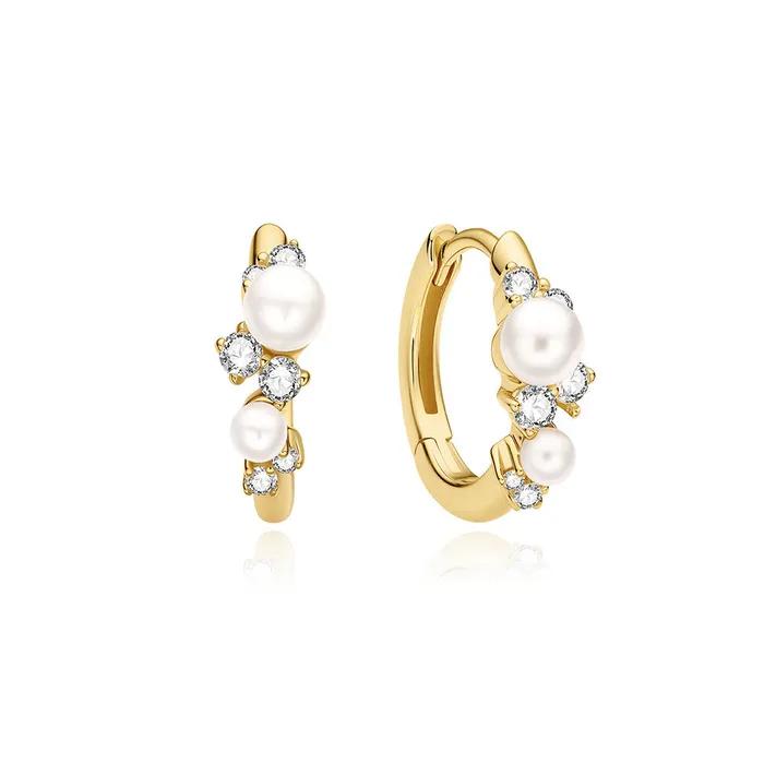 Gold Shell Pearl Cluster 925 Silver Hunger Hoop Earrings E074-05G.