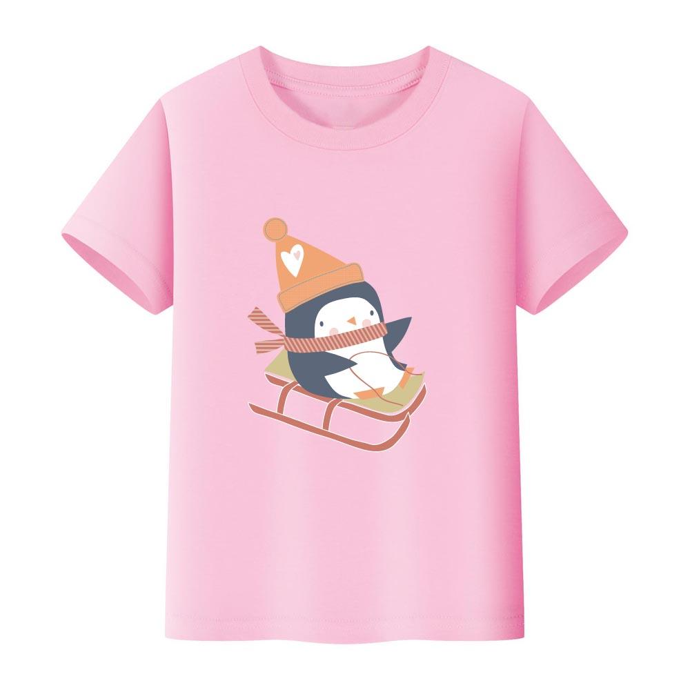 100% Cotton Girls' T-shirt Cute Cat and Penguin 2D Print Short-sleeved Casual Top for Children, Suitable for Both Boys and Girls