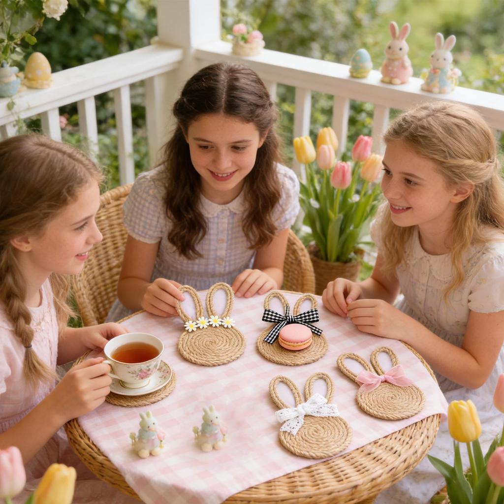 4pcs Hand-Woven Rope Bunny Coaster Set, Unique Coasters Perfect For Easter And Modern Farmhouse Style Rustic Home Decoration