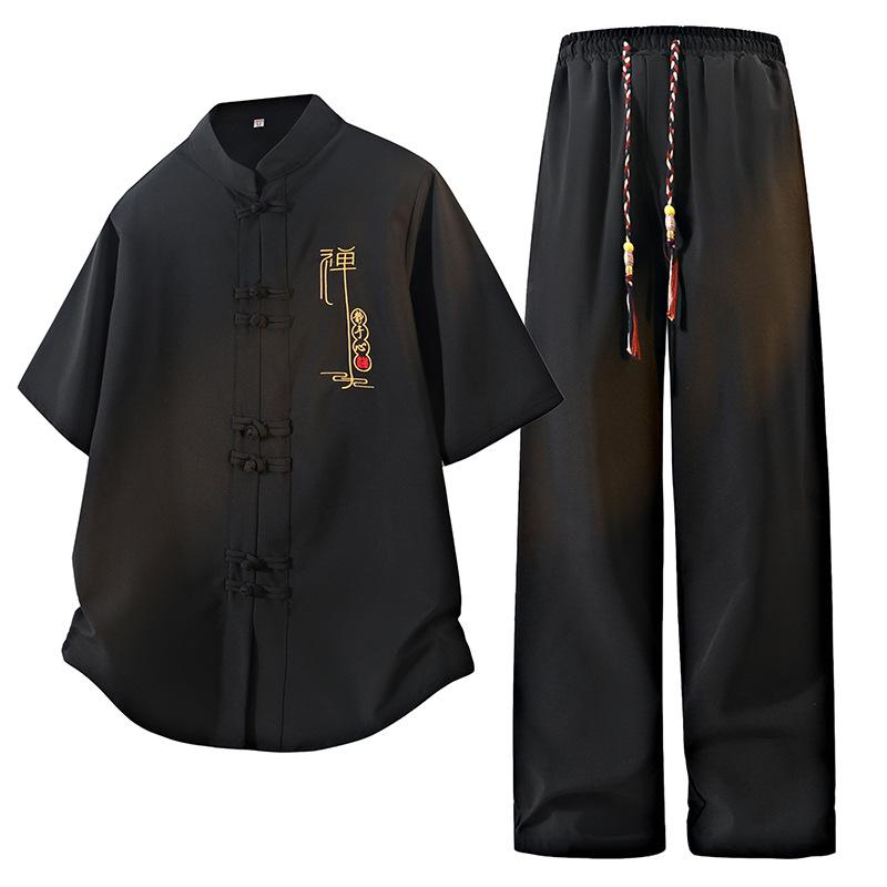 

Chinese Style Men s Suit Summer Stand Collar Embroidered Ice Silk Short-sleeved Shirt Casual New Chinese Style Tang Suit Two-piece Set 5XL чорний