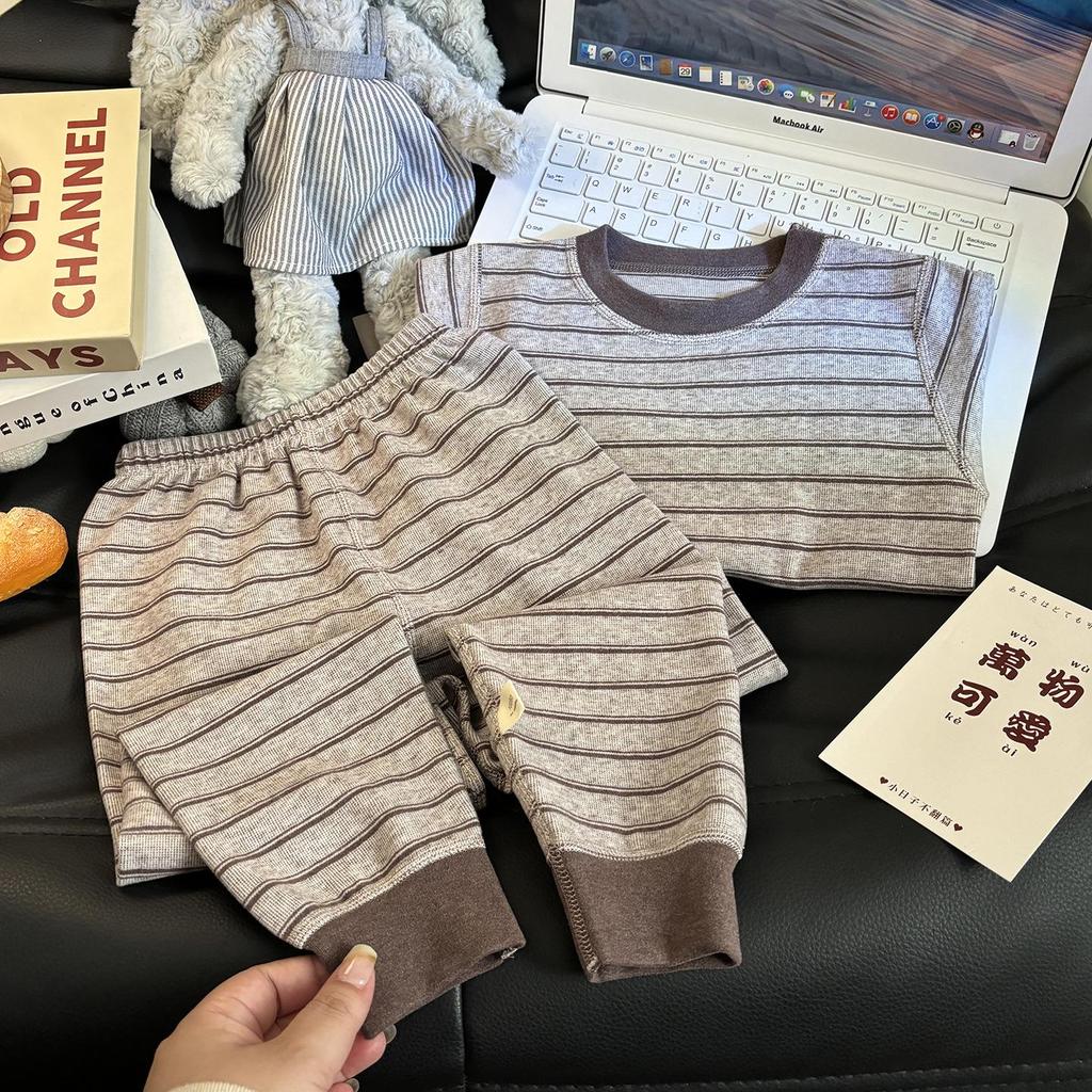 Children's Velvet Cotton Underwear Set: Thickened Autumn Striped Home Wear for Boys and Girls
