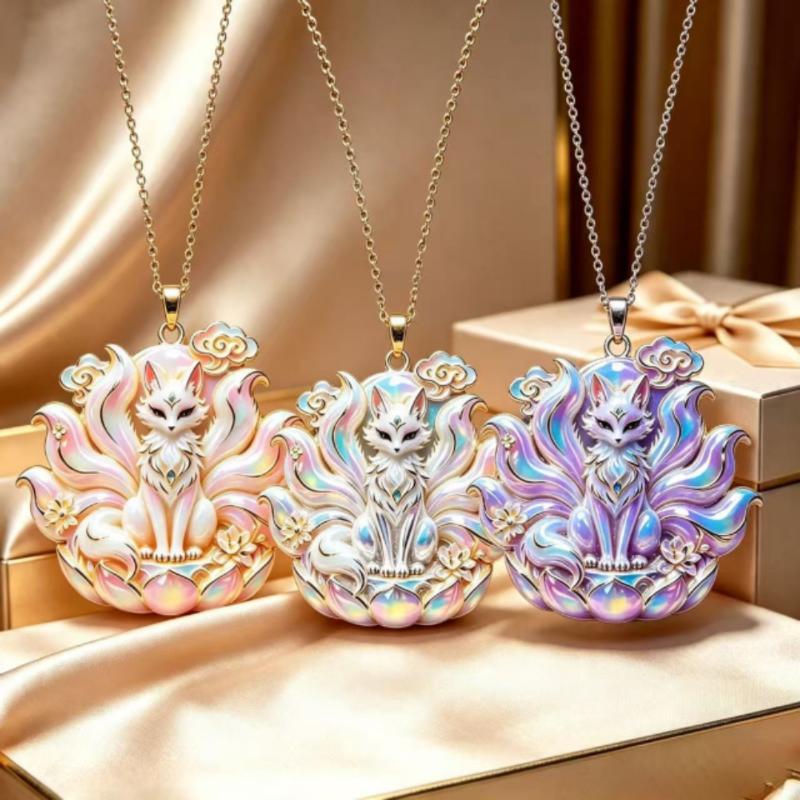 Nine Tailed Fox Enamel Pendant Necklace Unique Chinese Mythology Design 1PC Anti-rust Jewelry for Women Daily Collocation