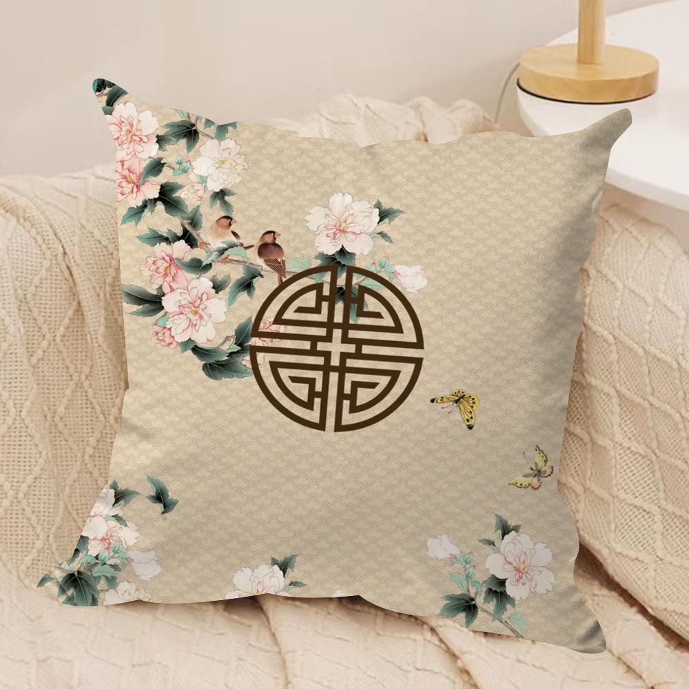 Chinese Floral Print Cushion Cover, All-Season Universal & Machine Washable, Home Living Room Sofa Pillowcase