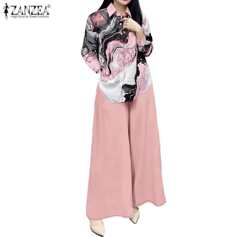 ZANZEA Women Print Shirts and Pants Casual Two Piece Suit Sets