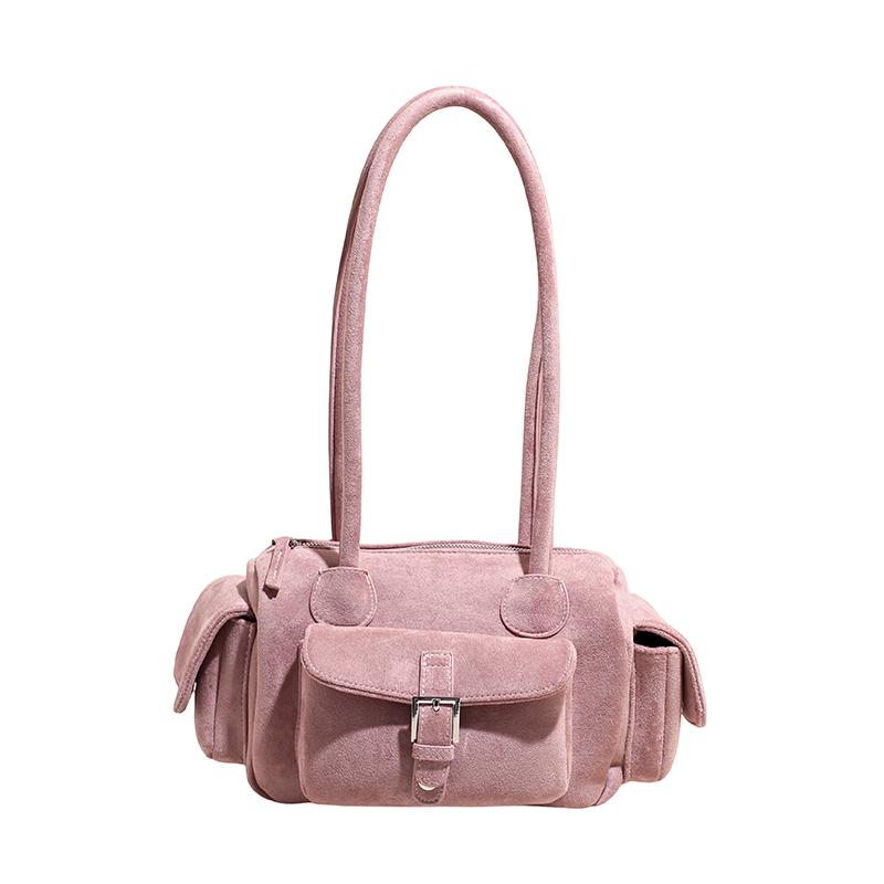 

Multi-pockets Mini Shoulder Bags For Women Faux Suede Pure Color Satchels Bag 2026 Autumn New Casual Street Small Square Handbag 30x15x12cm рожевий
