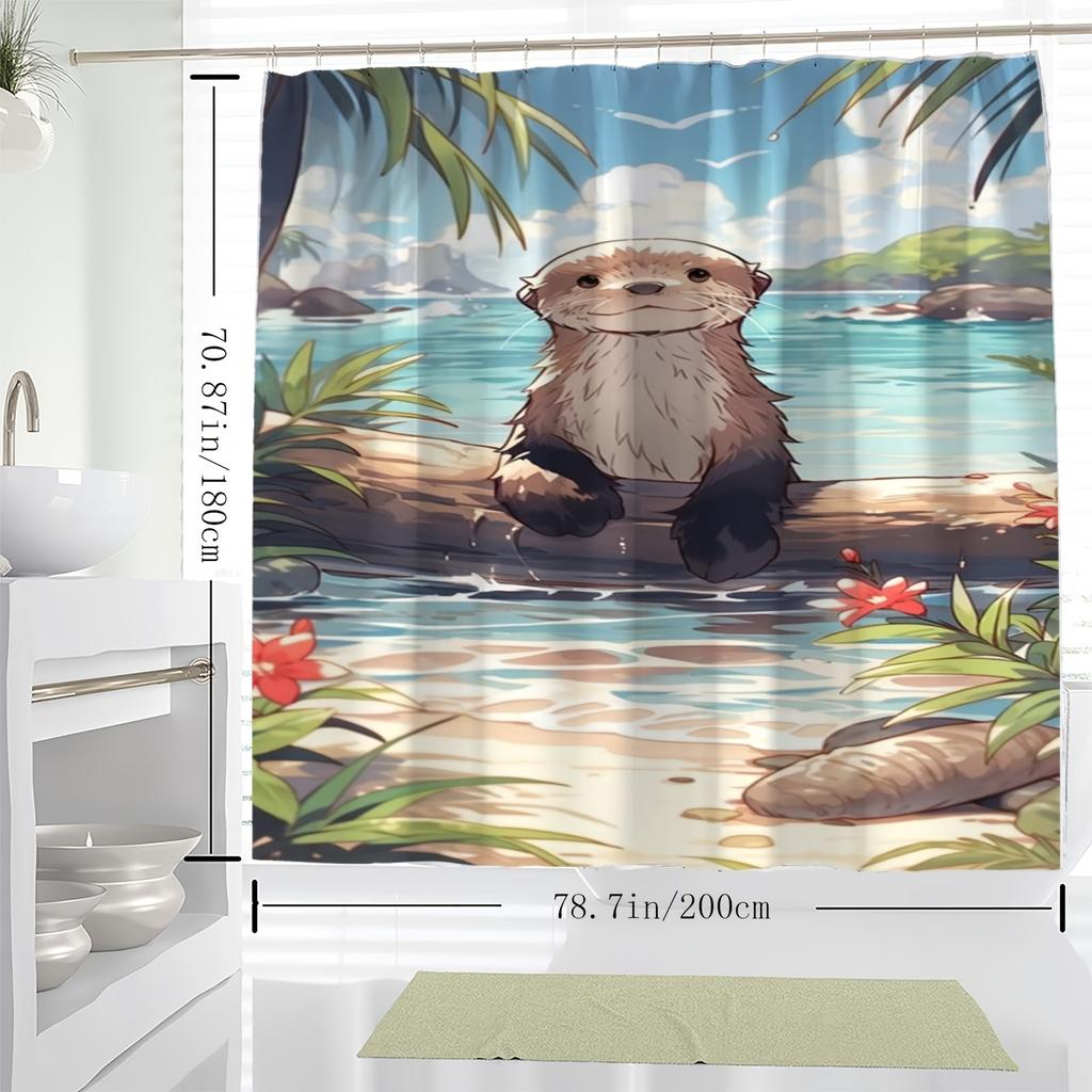 1 Piece Shower Curtain Set - Cute Otter Digital Print Art Pattern, Polyester Fabric With Hooks, Shower Curtain Decoration