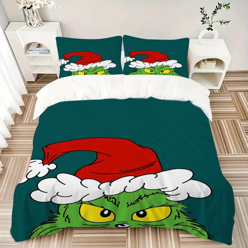 3Pcs Grinch Christmas Hat Bedding Sets For All Sizes New 3D Printed Bed Cover Comforter Duvet Cover Pillowcase Bedroom Decoration