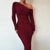 Dress Fashionable Pleated Women's Long-sleeved Mesh Spliced Slanted Shoulder Mid-length